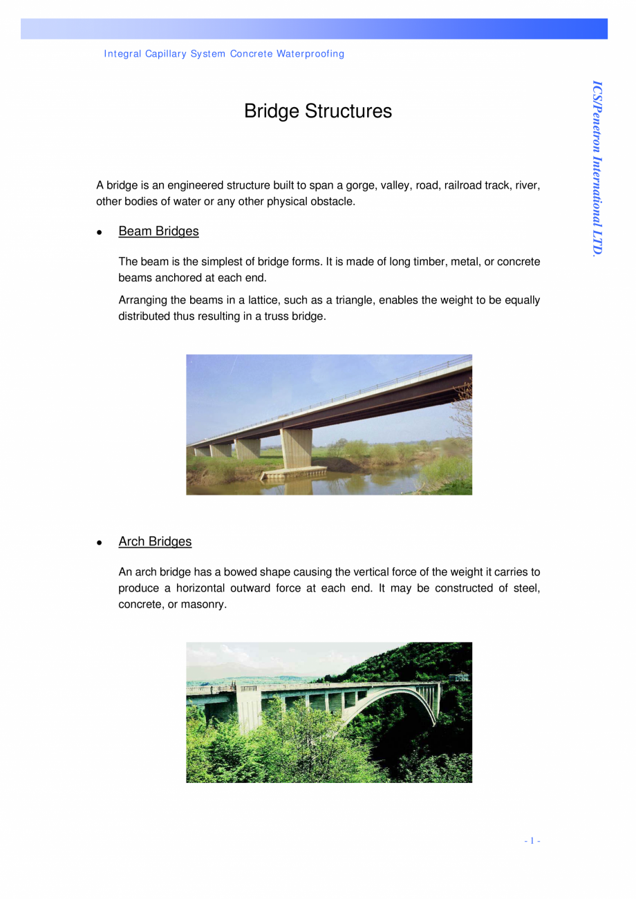 Pagina 1-Structuri de poduri PENETRON PENETRON PLUS, PENETRON ADMIX Catalog, brosura Engleza Integral...