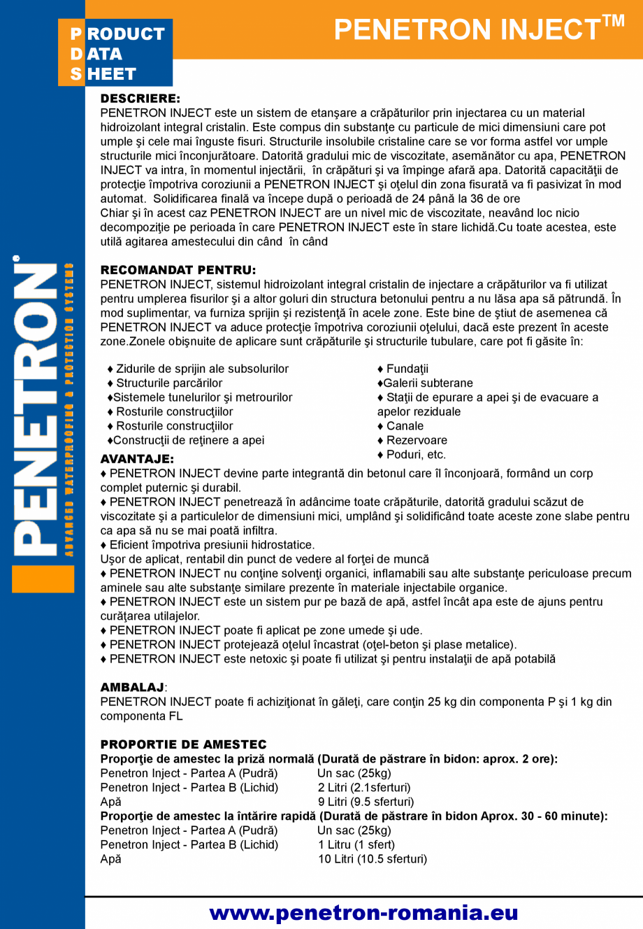 Pagina 1-Sistem de reparatie si etansare a fisurilor din beton PENETRON PENETRON INJECT Fisa tehnica Romana...
