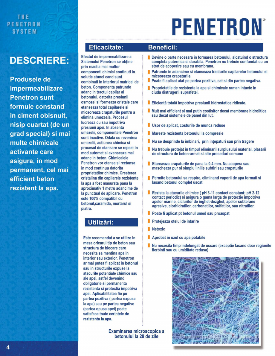 Pagina 4-Protectia totala a betonului PENETRON PENECRETE MORTAR, PENETRON ADMIX, PENETRON, PENETRON PLUS,...