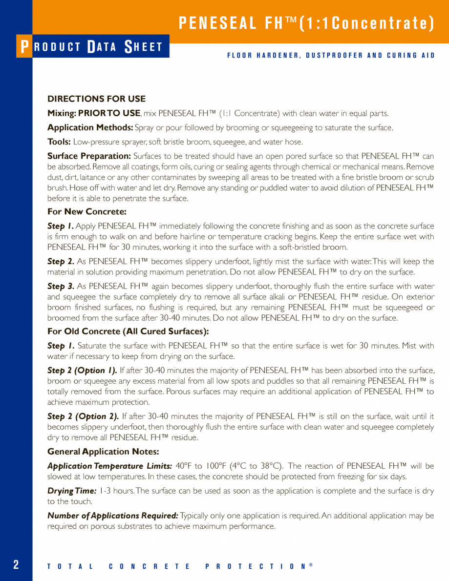 Pagina 2-Tratament permanent pentru pardoseli PENETRON PENESEAL FH Fisa tehnica Romana uring: PENESEAL FH™ ...