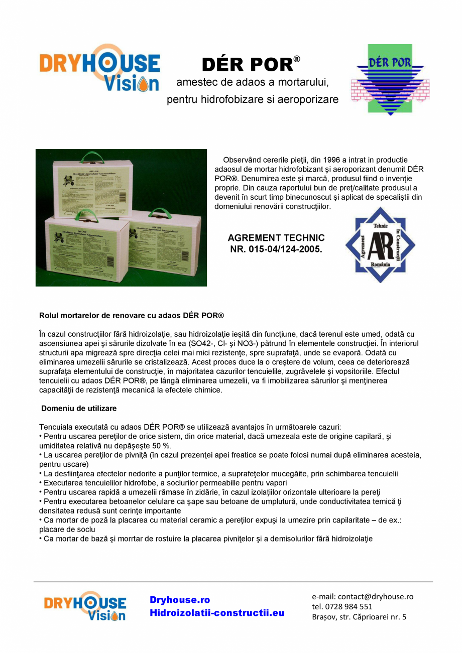 Pagina 1-Amestec de adaus a mortarului pentru hidrofobizare si aeroporizare DRYHOUSE VISION DER POR Fisa...