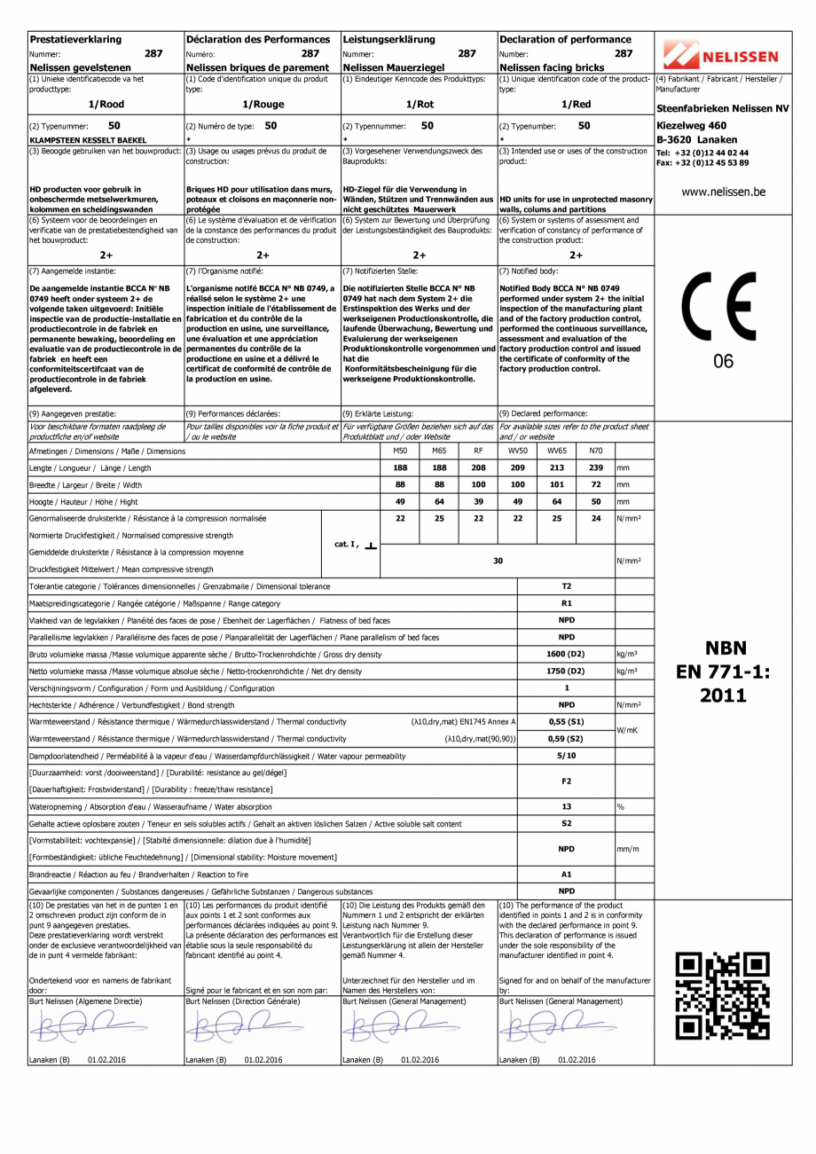 Pagina 1-Declaratie de performanta pentru caramida aparenta NELISSEN Klampsteen Kesselt Baekel Certificare...
