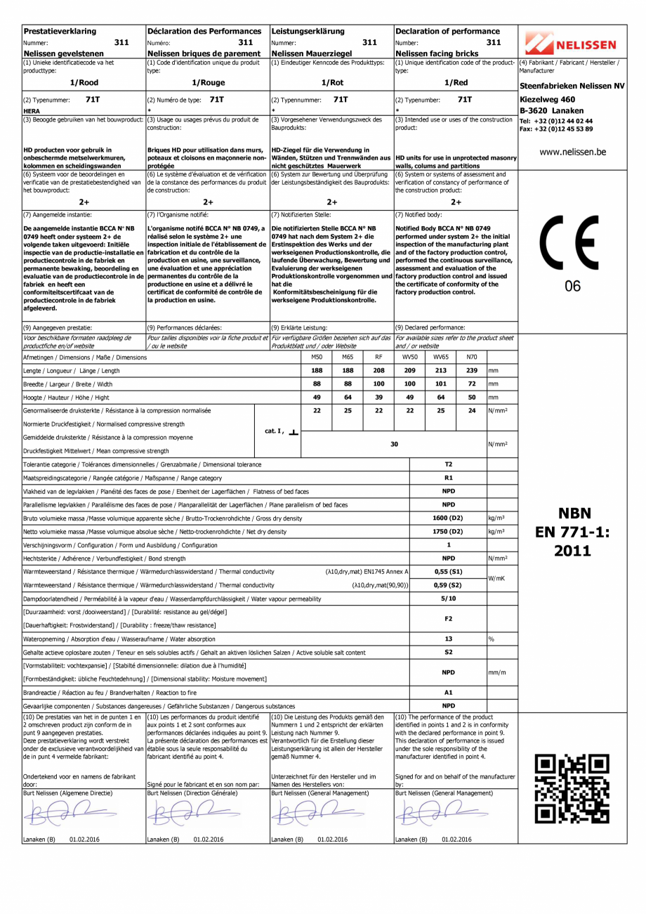 Pagina 1 - Declaratie de performanta pentru caramida aparenta NELISSEN Hera Certificare produs...