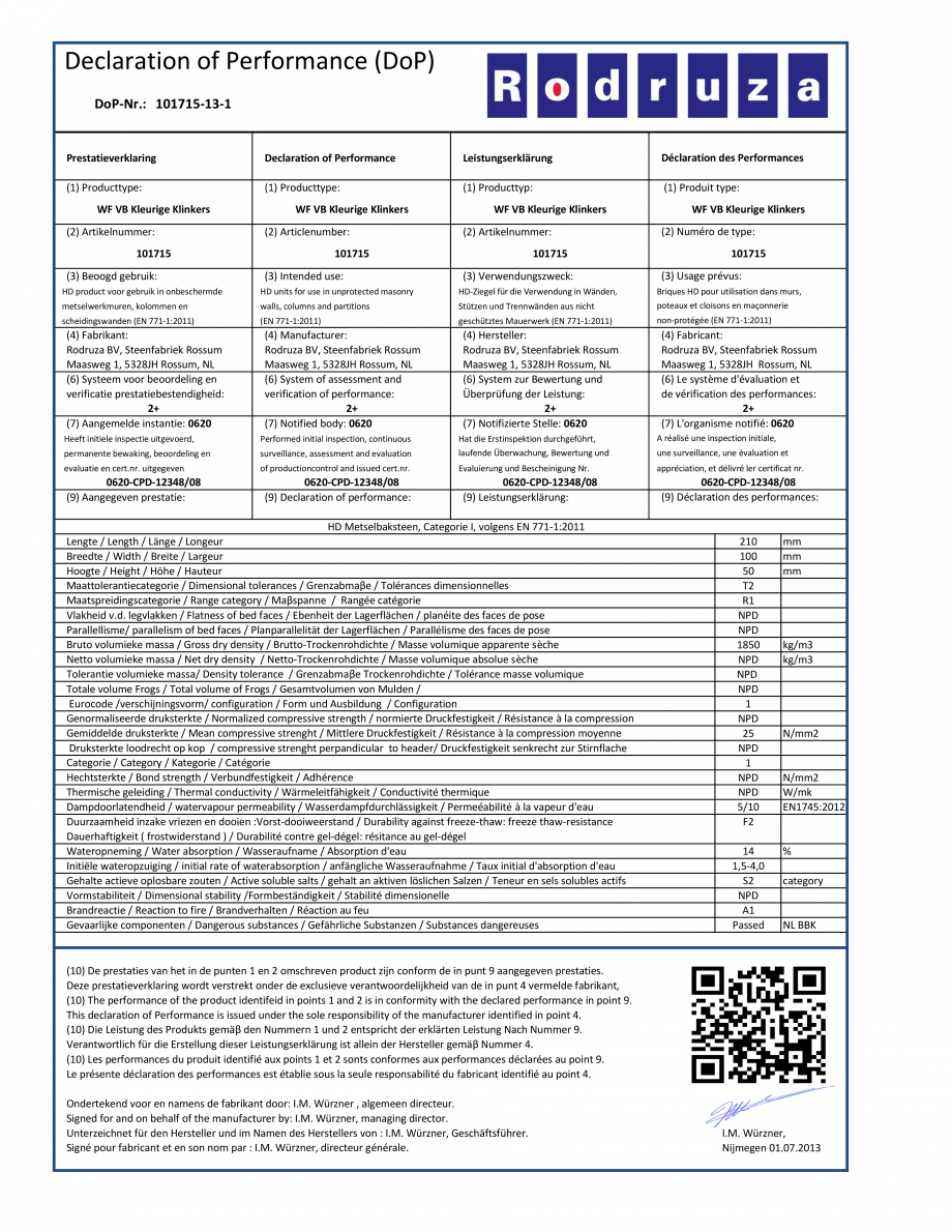 Pagina 1 - Declaratie de performanta pentru caramida aparenta NELISSEN Kleurige Klinker Certificare ...