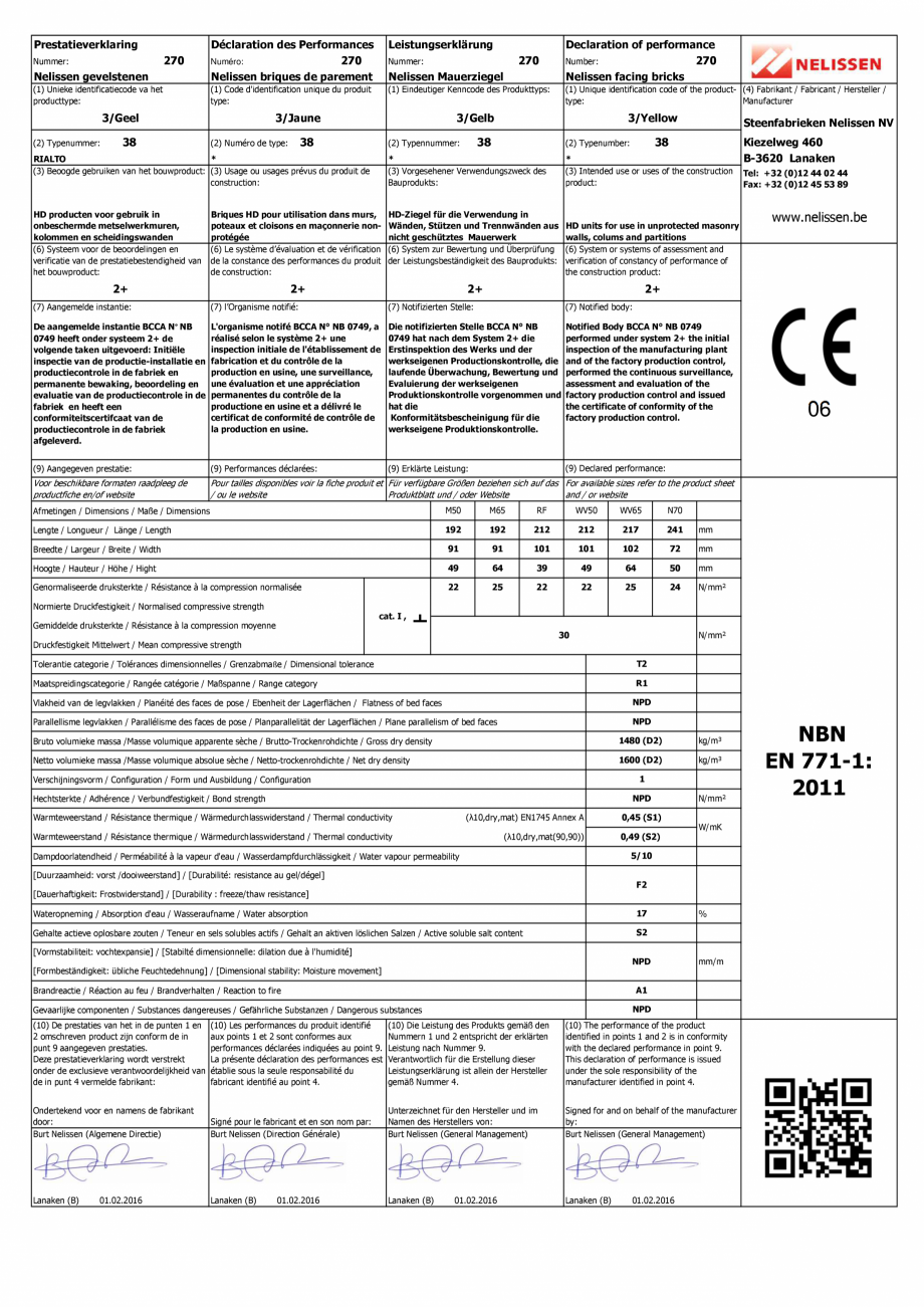 Pagina 1 - Declaratie de performanta pentru caramida aparenta NELISSEN Rialto Certificare produs...