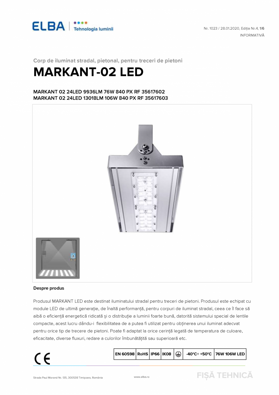 Pagina 1-Corp de iluminat stradal, pietonal, pentru treceri de pietoni  ELBA-COM MARKANT 02 LED Fisa tehnica ...