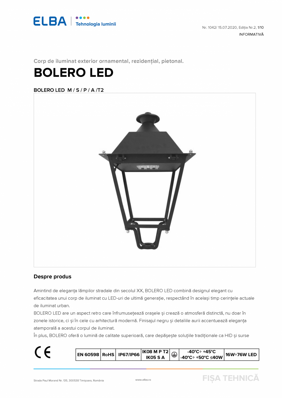 Pagina 1-Corp de iluminat exterior ornamental, rezidențial, pietonal ELBA-COM BOLERO LED  Fisa tehnica...