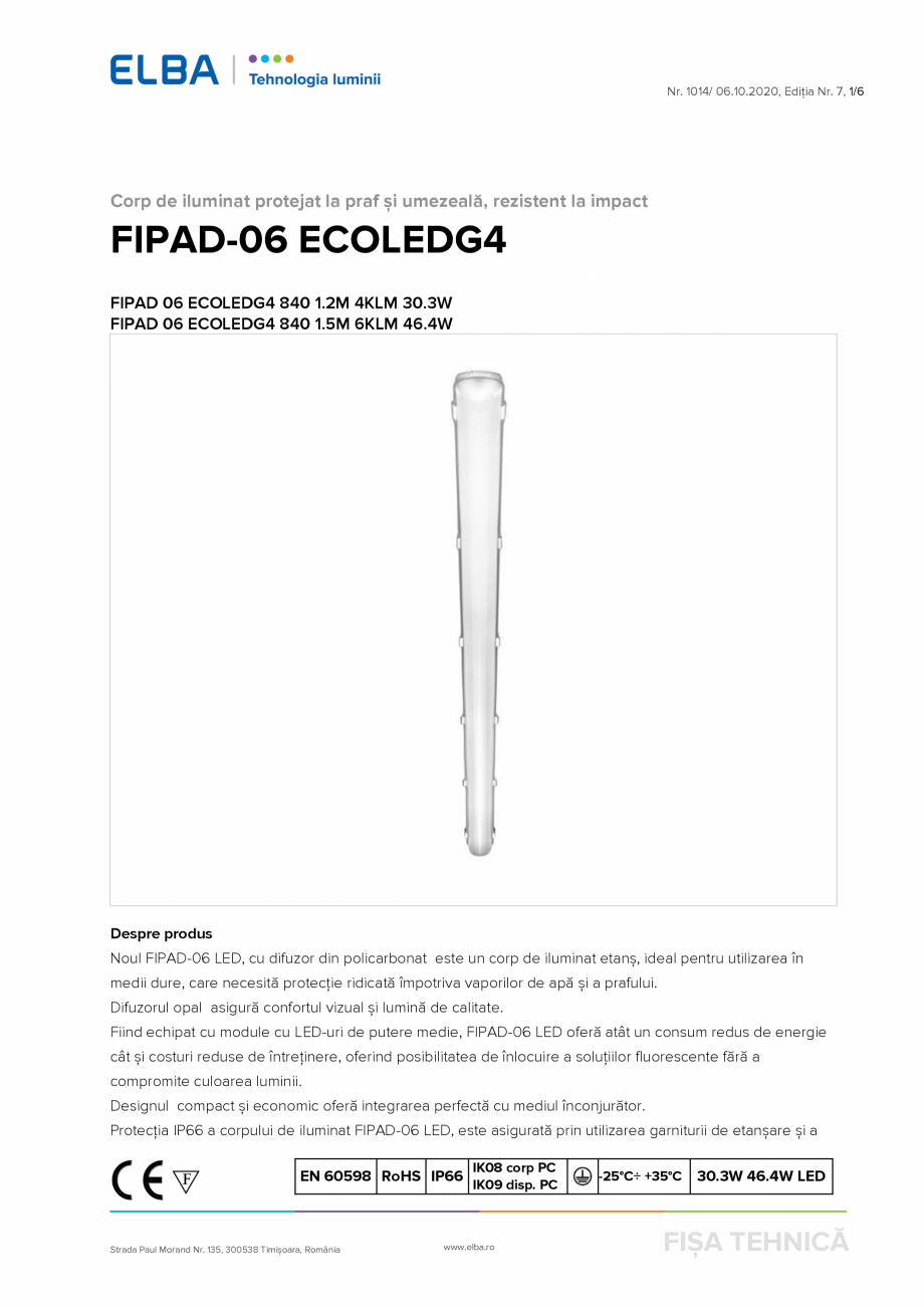 Pagina 1-Corp de iluminat protejat la praf si umezeala, rezistent la impact ELBA-COM FIPAD-06 ECOLED G4 Fisa ...