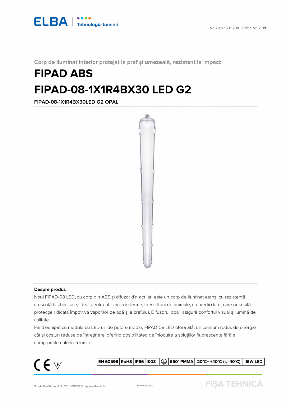Pagina 1-Corp de iluminat interior protejat la praf si umezeala, rezistent la impact ELBA-COM FIPAD ABS -16 W...