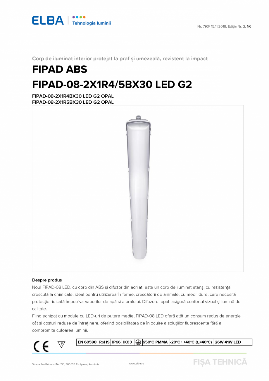 Pagina 1-Corp de iluminat interior protejat la praf si umezeala, rezistent la impact ELBA-COM FIPAD ABS - 41 ...