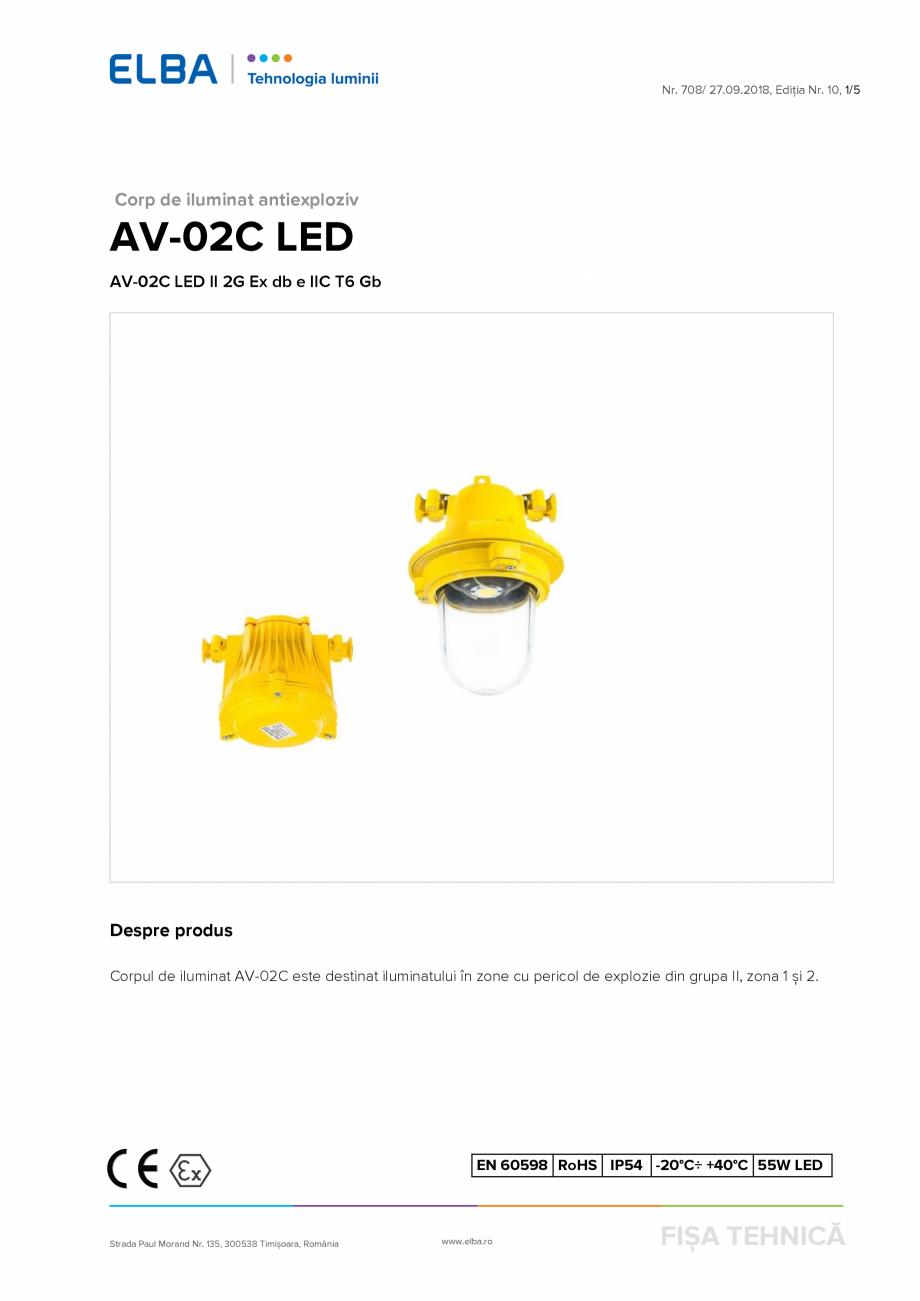 Pagina 1-Corp antiexploziv pentru iluminat   ELBA-COM AV 02 C Fisa tehnica Romana Nr. 708/ 27.09.2018,...