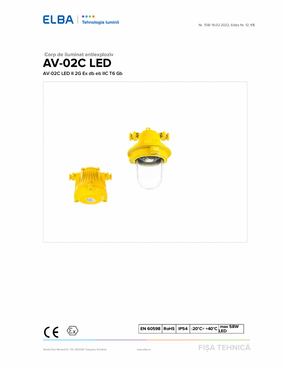 Pagina 1-Corp antiexploziv pentru iluminat  ELBA-COM AV-02C LED Fisa tehnica Romana Nr. 708/ 16.02.2022,...