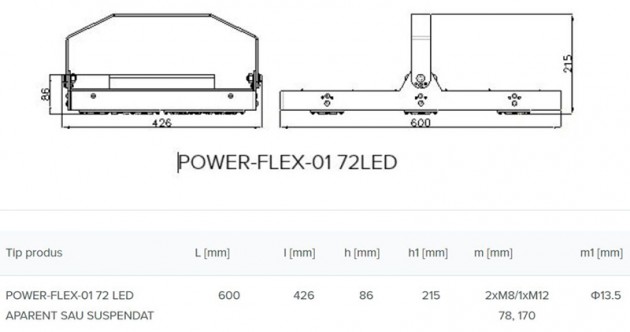 Schiță dimensiuni Corp de iluminat industrial si pentru spatii largi - POWER-FLEX-01 LED