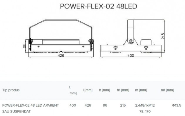 Schiță dimensiuni Corp de iluminat industrial si pentru spatii largi - POWER-FLEX-02 LED