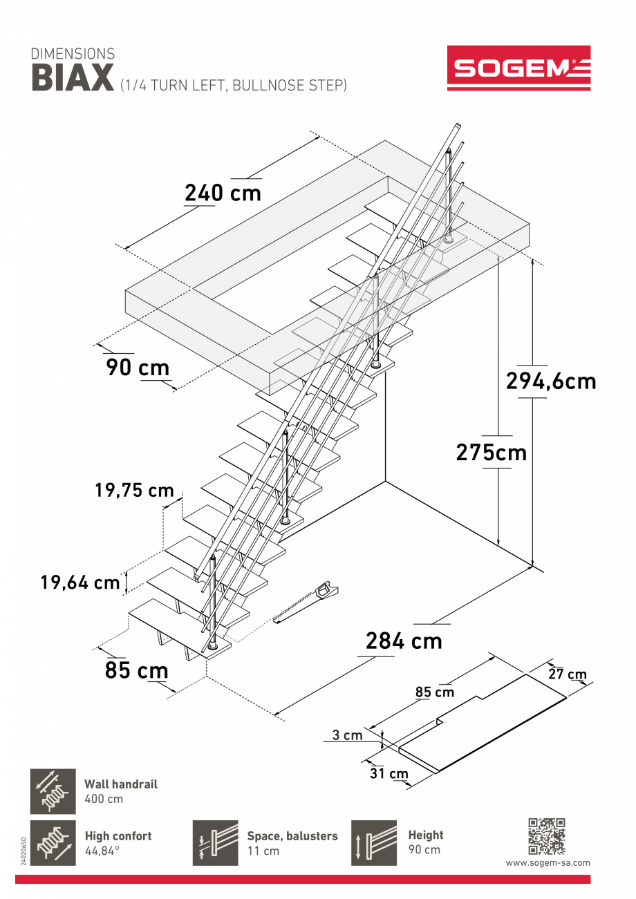 Pagina 2-Dimensiuni scara BIAX 1-4 turn Left SOGEM Specificații tehnice Engleza 