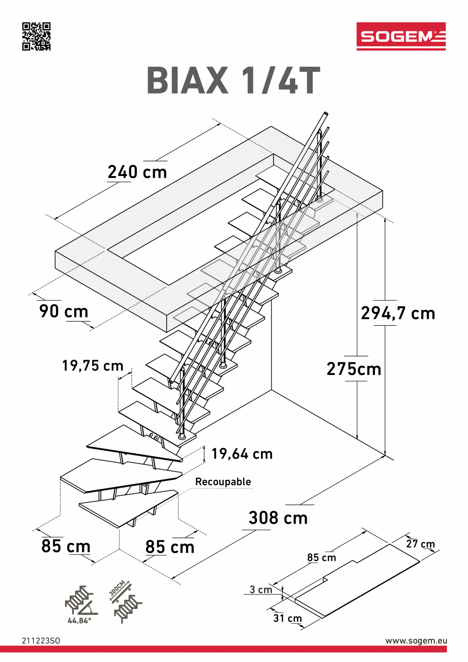 Pagina 1-Dimensiuni scara BIAX 1-4 turn Right SOGEM Specificații tehnice Franceza BIAX 1/4T
240 cm

90 cm
...