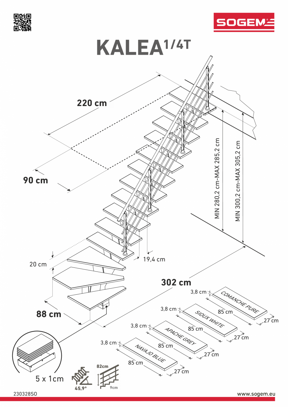 Pagina 2-Dimensiuni scara KALEA 1-4 TURN R SOGEM Specificații tehnice Engleza 