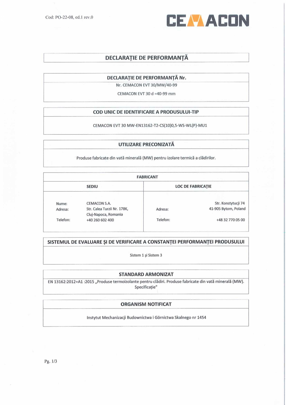 Pagina 1-Declaratie de Performanta - (40-99mm)  CEMACON EVT 30 Certificare produs 