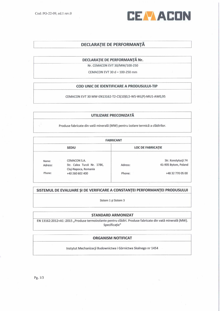 Pagina 1-Declaratie de Performanta - (100-250mm)  CEMACON EVT 30 Certificare produs 