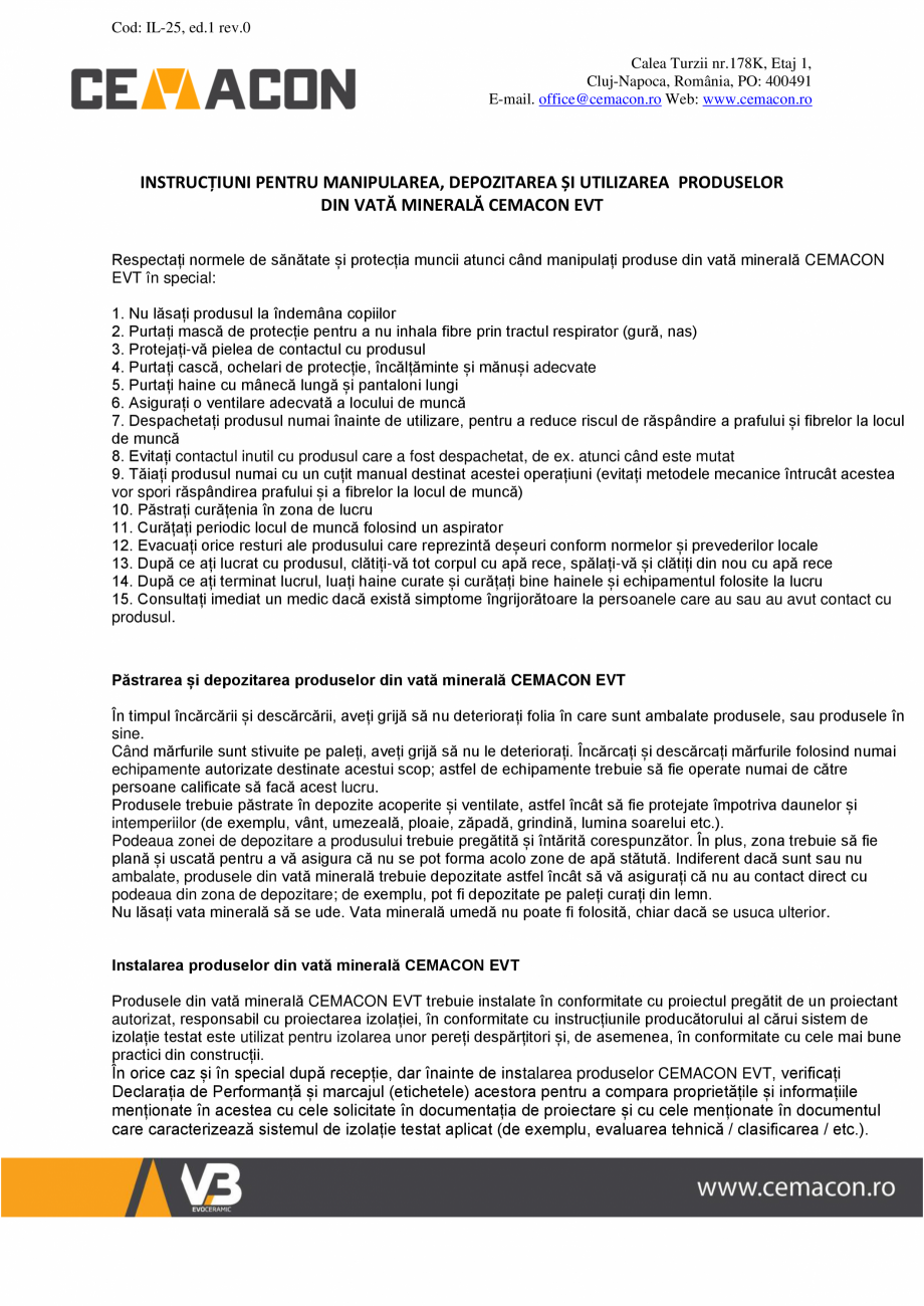 Pagina 1 - Instructiuni de utilizare manipulare si depozitare vata minerala - CEMACON EVT CEMACON...