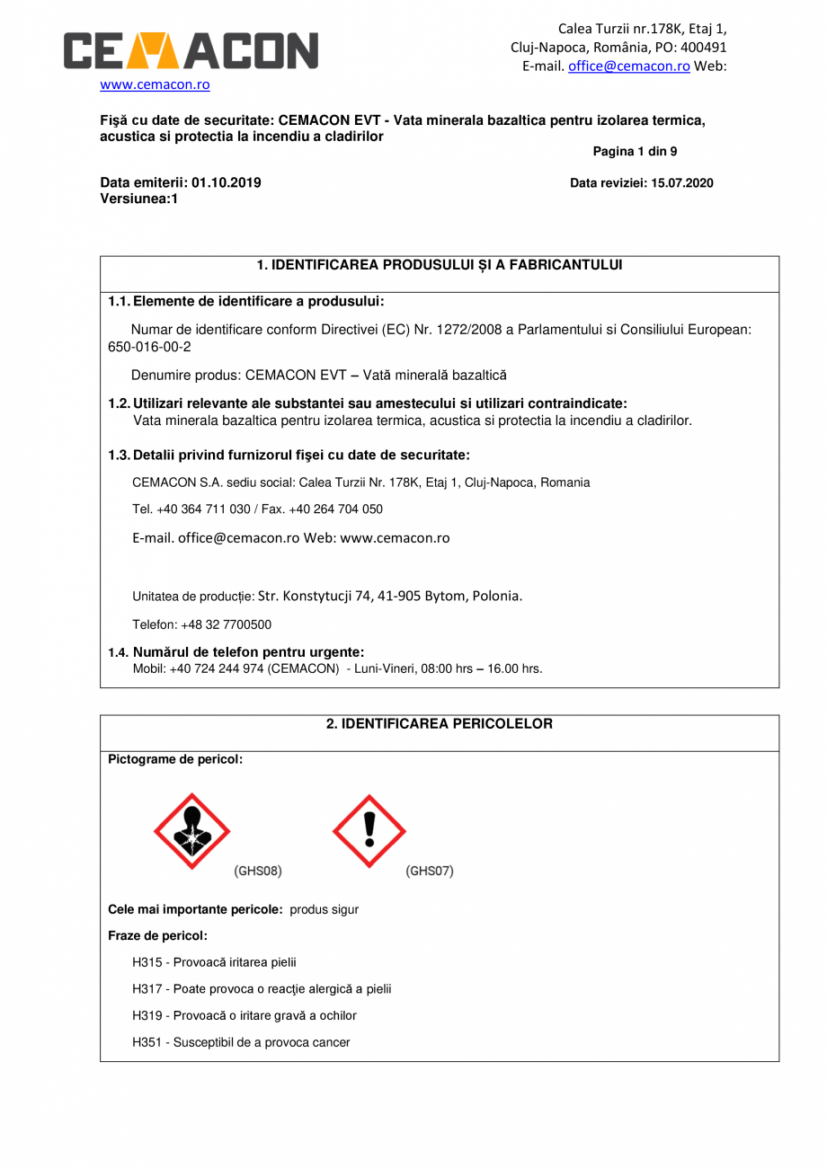 Pagina 1-Fisa cu Date de Securitate  CEMACON EVT 30 Certificare produs Romana Calea Turzii nr.178K, Etaj 1,...