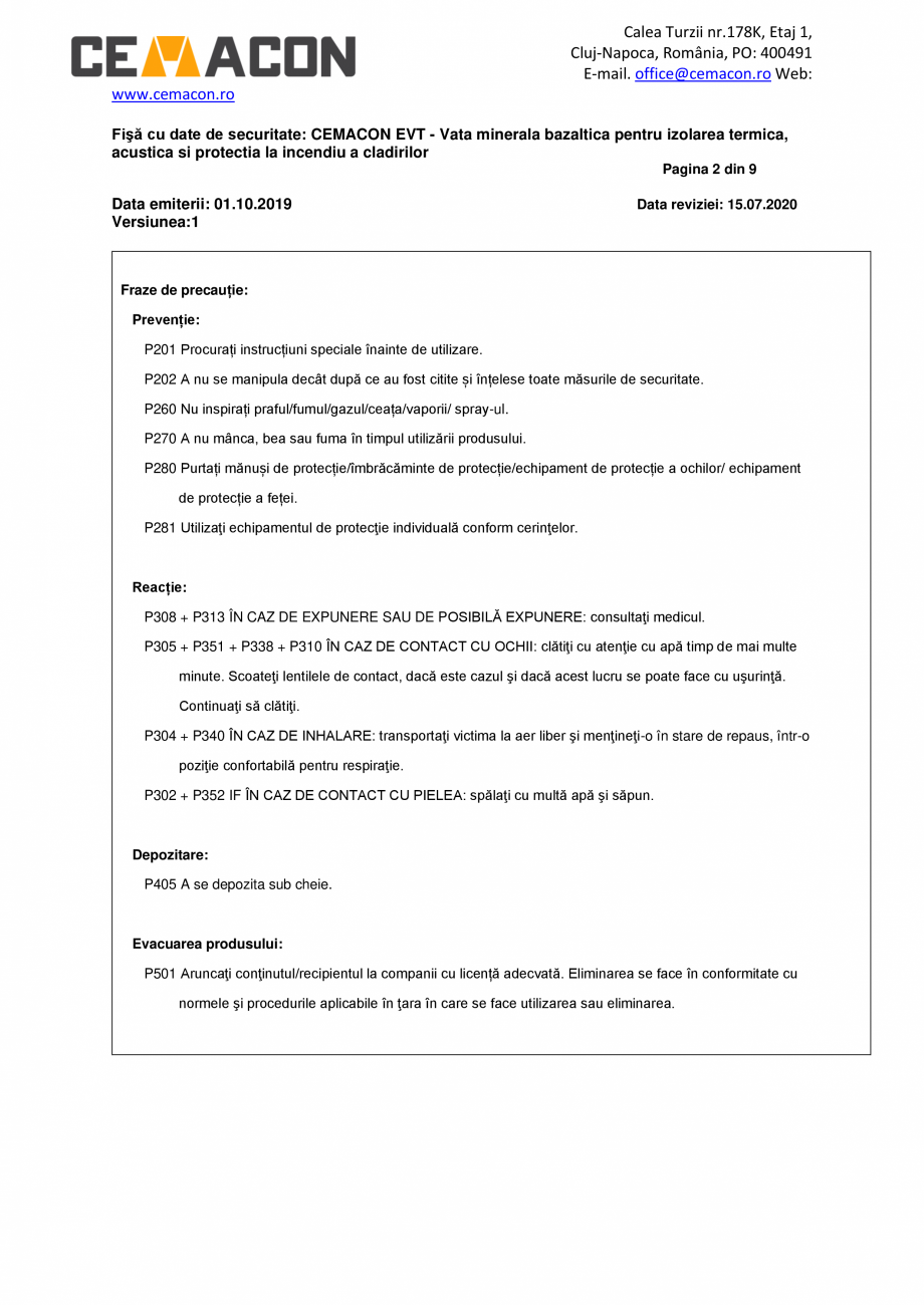 Pagina 2-Fisa cu Date de Securitate  CEMACON EVT 30 Certificare produs Romana .cemacon.ro

Unitatea de...