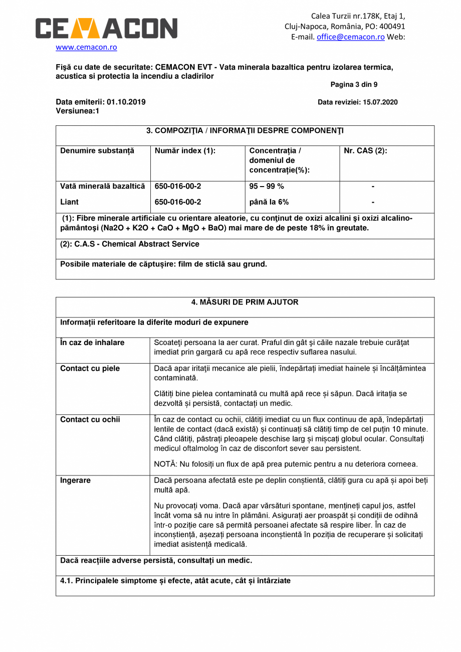 Pagina 3-Fisa cu Date de Securitate  CEMACON EVT 30 Certificare produs Romana ate măsurile de securitate....