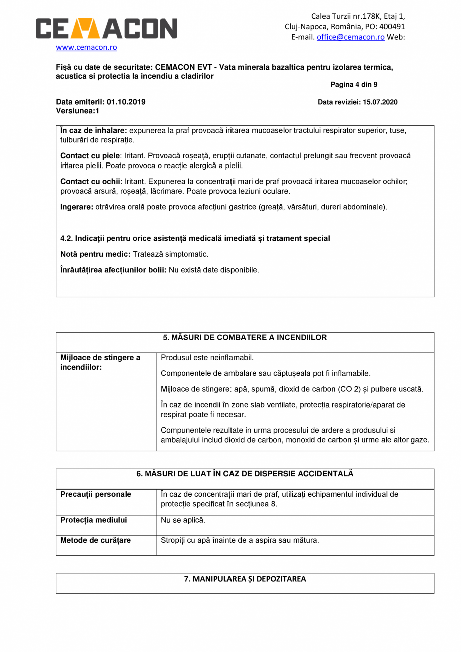 Pagina 4 - Fisa cu Date de Securitate  CEMACON EVT 30 Certificare produs Romana odusului:
P501...