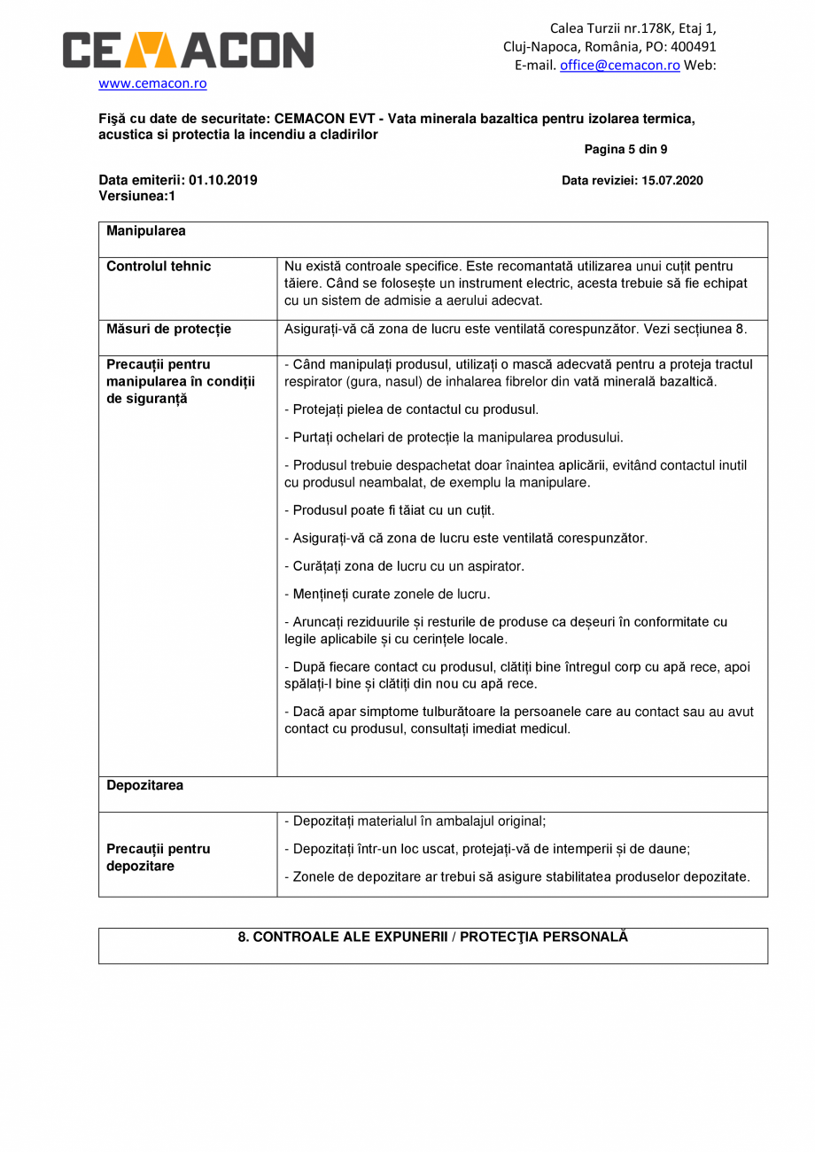 Pagina 5 - Fisa cu Date de Securitate  CEMACON EVT 30 Certificare produs Romana al Abstract Service
...
