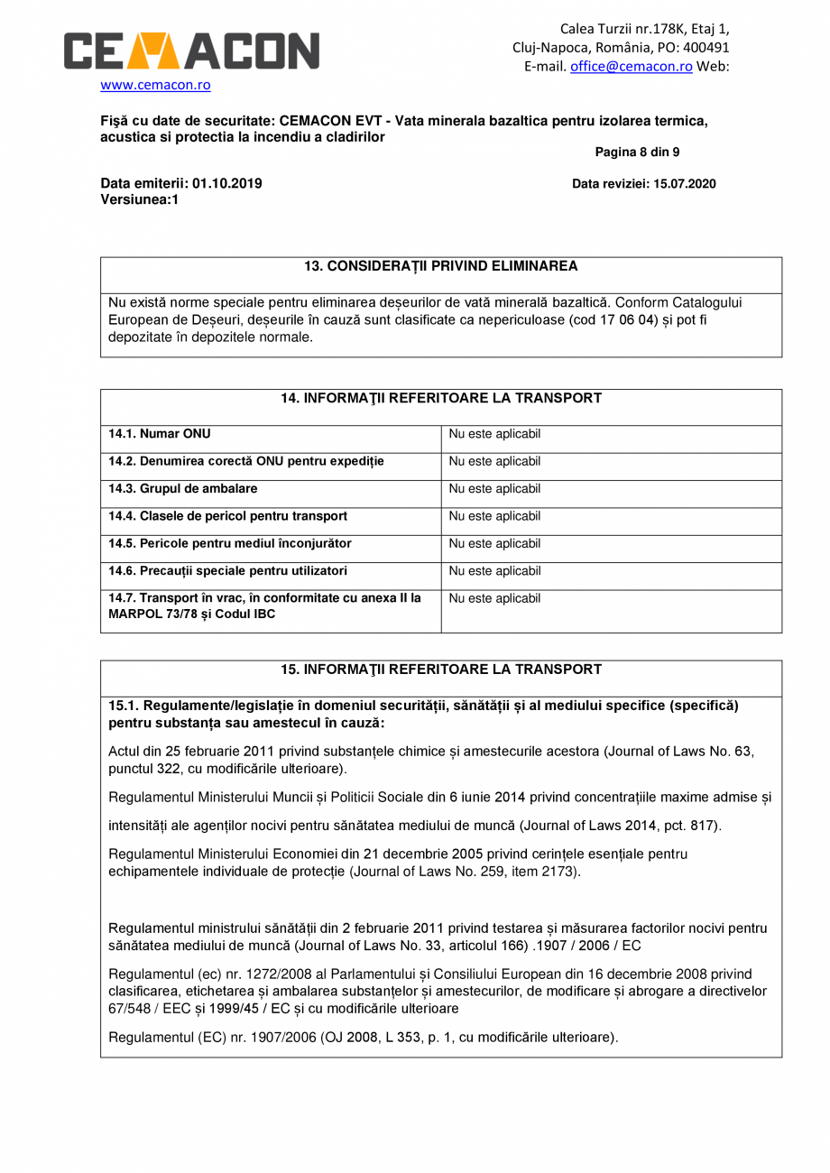 Pagina 8-Fisa cu Date de Securitate  CEMACON EVT 30 Certificare produs Romana carbon (CO 2) și pulbere...