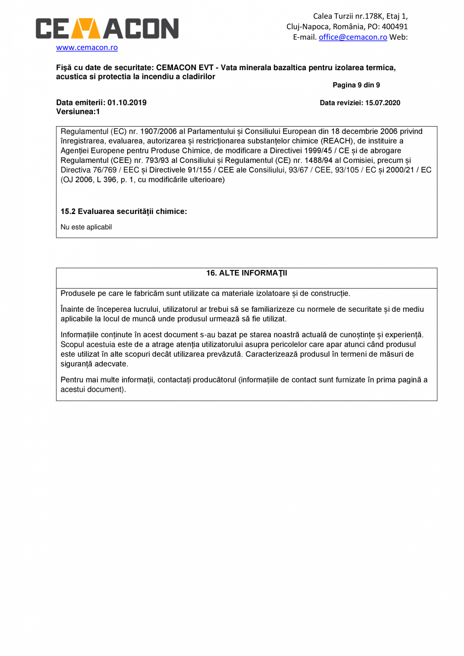 Pagina 9-Fisa cu Date de Securitate  CEMACON EVT 30 Certificare produs Romana  controale specifice. Este...