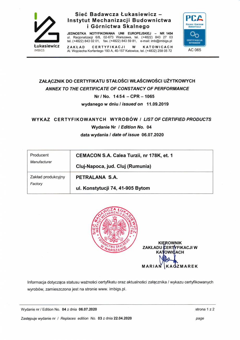 Pagina 1 - Certificate de conformitate al controlului productiei in fabrica CEMACON EVT 30...
