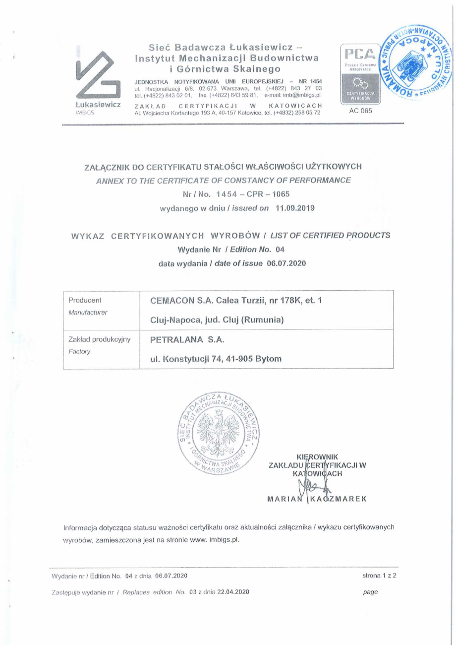 Pagina 1 - Certificat de conformitate al controlului productiei in fabrica - vata minerala CEMACON...