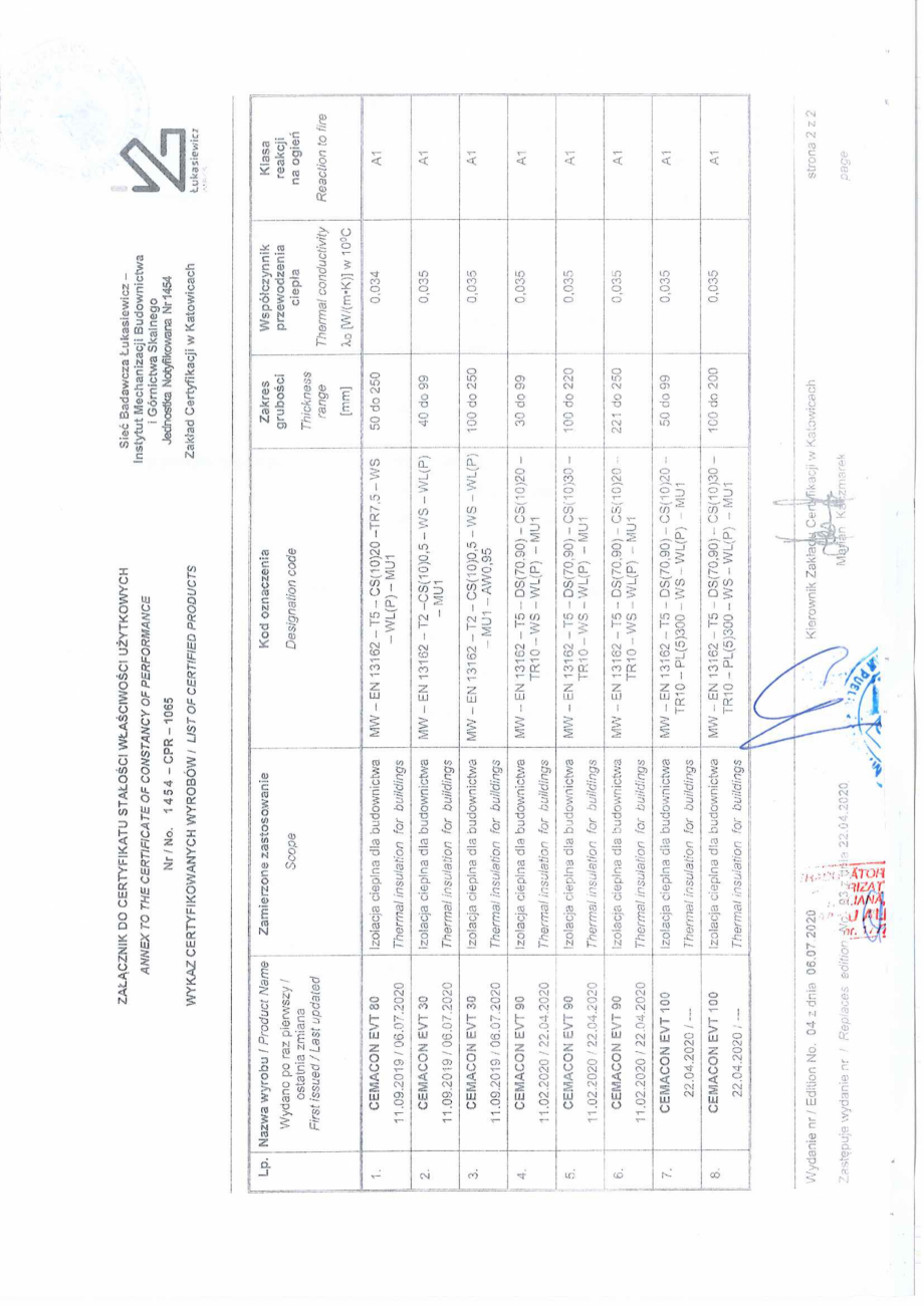 Pagina 2-Certificat de conformitate al controlului productiei in fabrica - vata minerala CEMACON EVT 30...