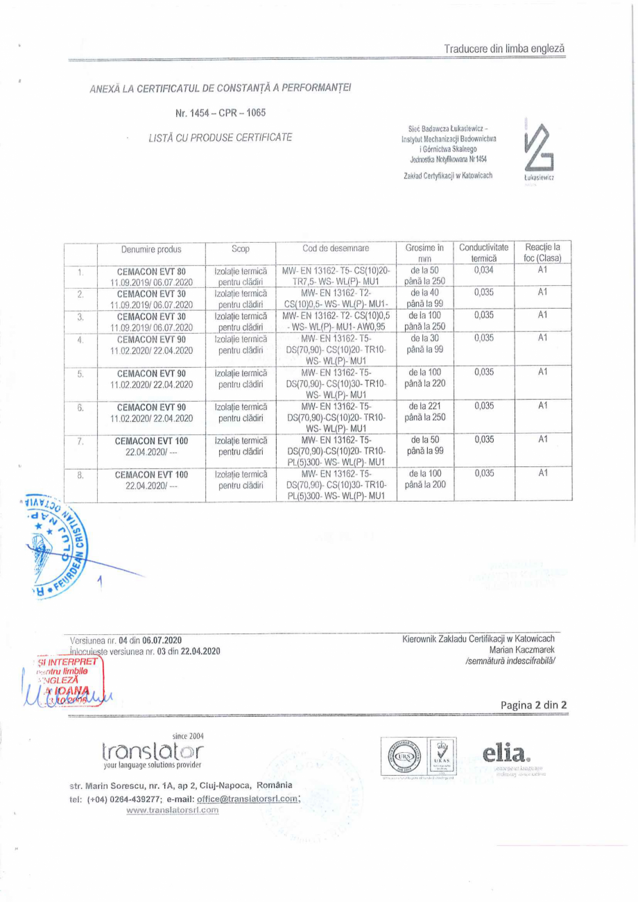 Pagina 5-Certificat de conformitate al controlului productiei in fabrica - vata minerala CEMACON EVT 30...