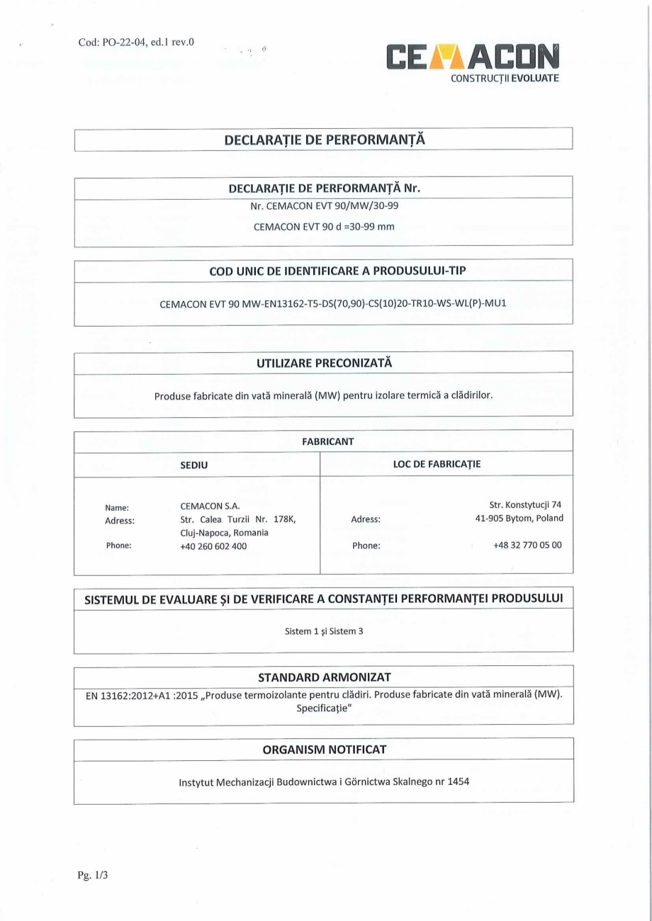 Pagina 1 - Declaratie de Performanta - CEMACON EVT 90 (30-99mm)  CEMACON Certificare produs Romana...