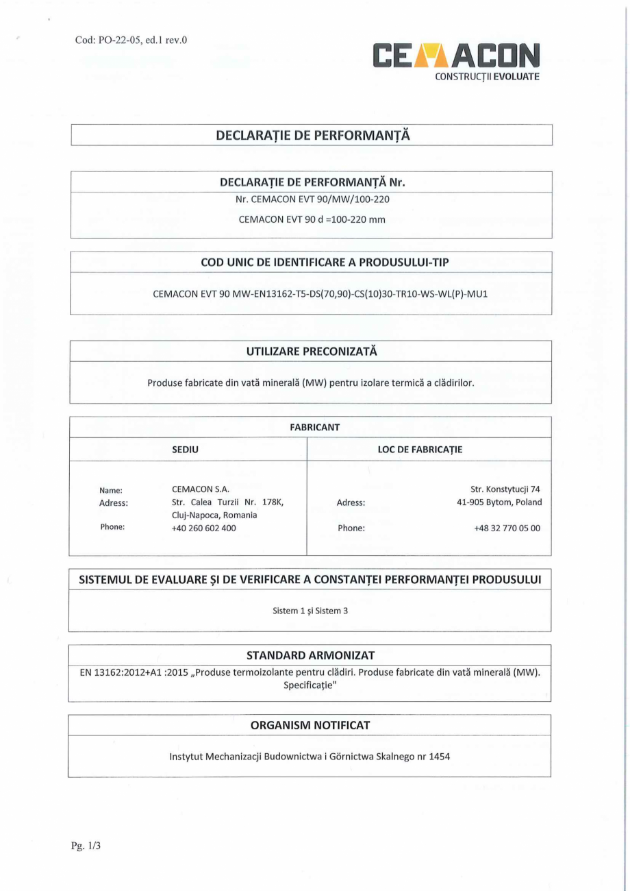 Pagina 1-Declaratie de Performanta - CEMACON EVT 90 (100-220mm)  CEMACON Certificare produs Romana 