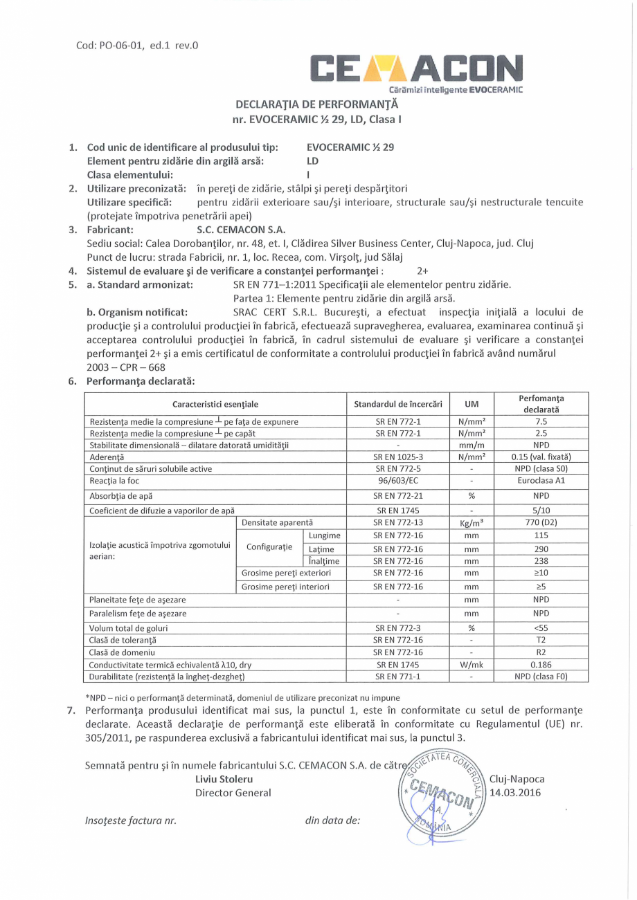 Pagina 1 - Declaratie de Performanta CEMACON EVOCERAMIC EC 1/2 29 Certificare produs Romana 