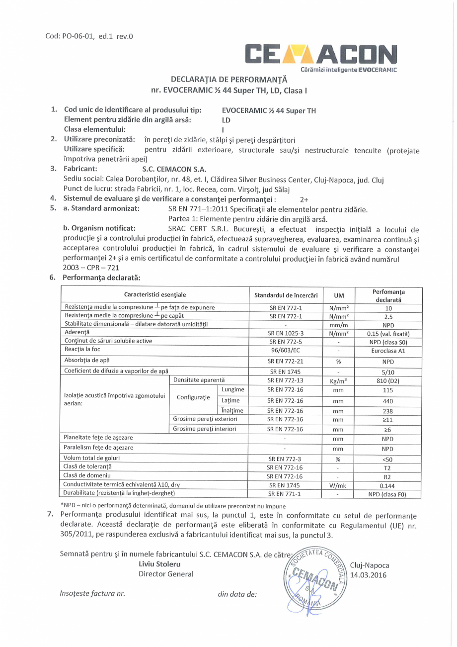 Pagina 1-Declaratie de Performanta CEMACON EVOCERAMIC EC 1/2 44 Certificare produs Romana 