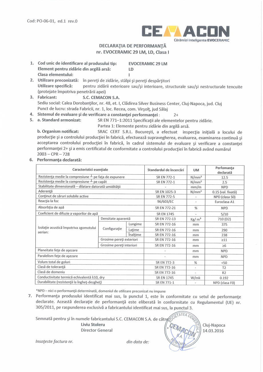 Pagina 1-Declaratie de Performanta CEMACON EVOCERAMIC EC 29 LM Certificare produs Romana 