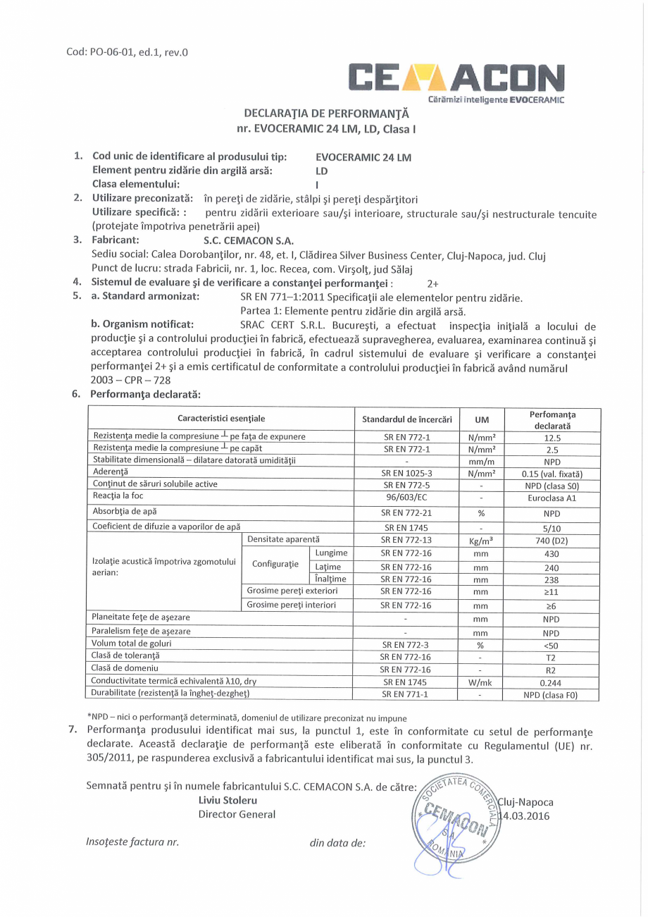 Pagina 1-Declaratie de Performanta CEMACON EVOCERAMIC EC 24 LM Certificare produs Romana 