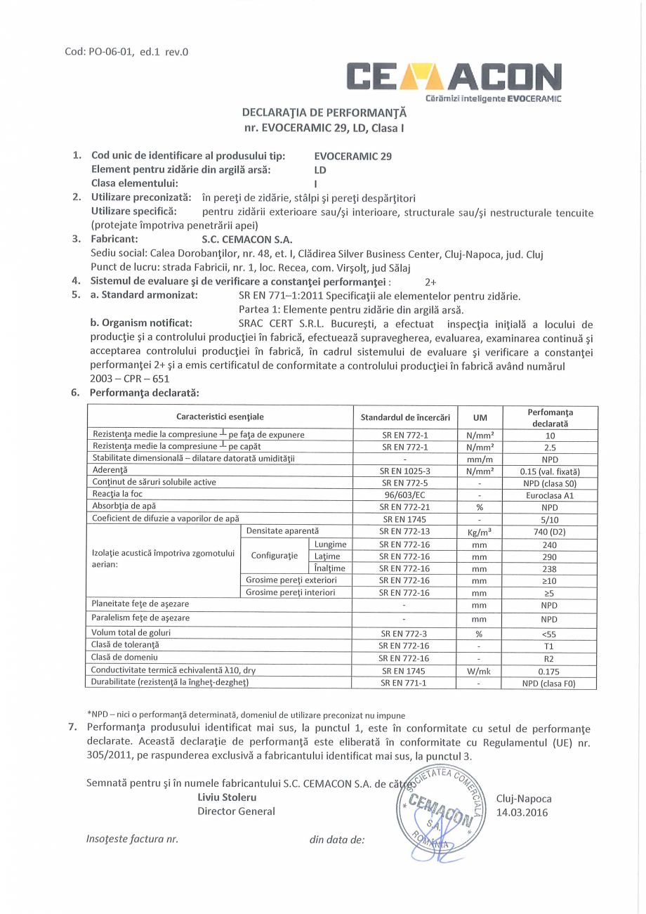 Pagina 1-Declaratie de Performanta CEMACON EVOCERAMIC EC 29 Certificare produs Romana 