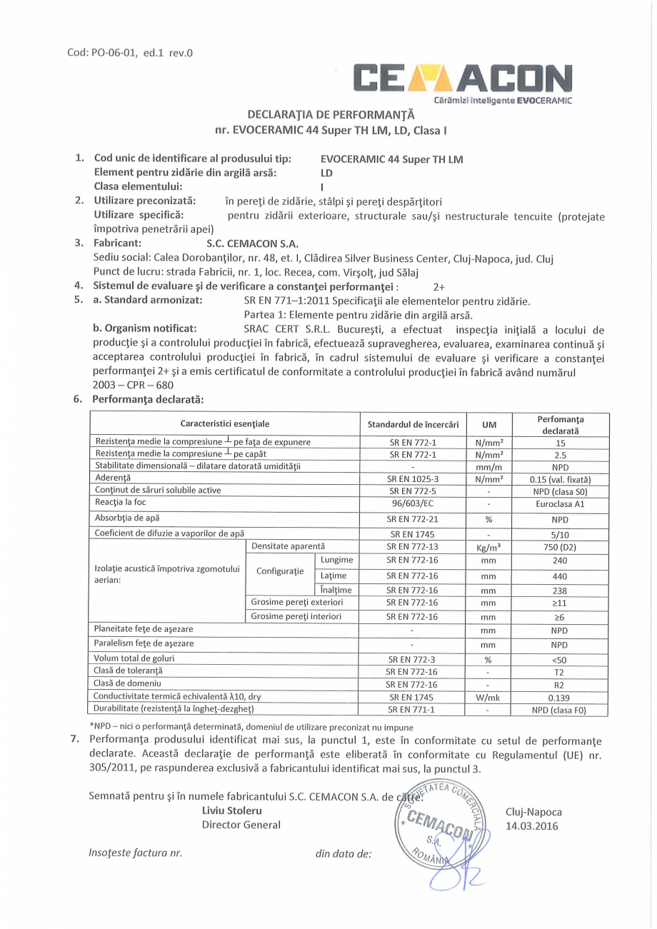Pagina 1-Declaratie de Performanta CEMACON EVOCERAMIC EC 44 LM Certificare produs Romana 