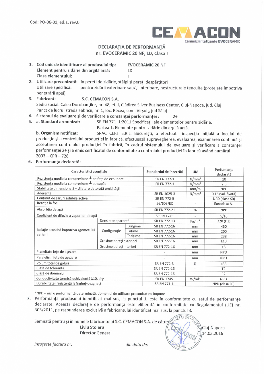 Pagina 1-Declaratie de Performanta CEMACON EVOCERAMIC EC 20 NF Certificare produs Romana 