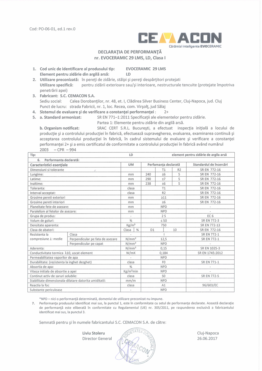 Pagina 1-Declaratie de Performanta CEMACON EVOCERAMIC EC 29 LMS Certificare produs Romana 