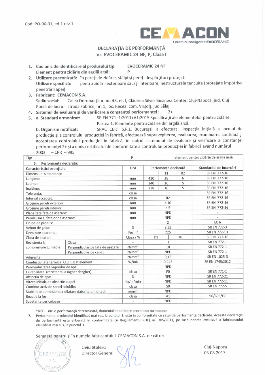 Pagina 1-Declaratie de Performanta CEMACON EVOCERAMIC EC 24 NF Certificare produs Romana 