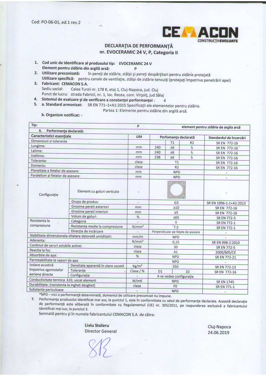 Pagina 1-Declaratie de performanta EVOCERAMIC 24 V, P, categoria II CEMACON EVOCERAMIC EC 24 V Certificare...