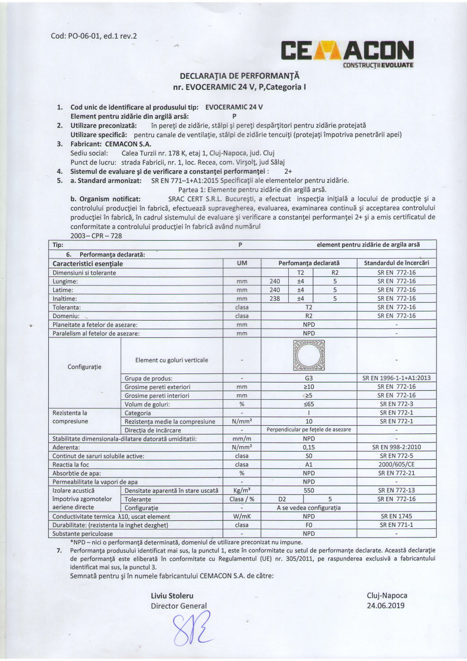 Pagina 1-Declaratie de performanta EVOCERAMIC 24 V, P, categoria I CEMACON EVOCERAMIC EC 24 V Certificare...