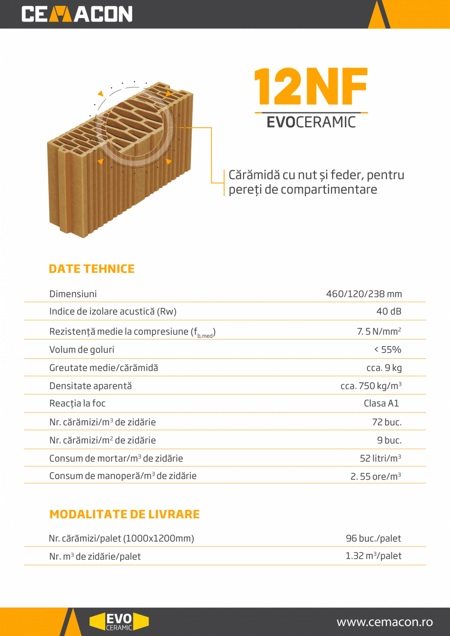 Pagina 1-Caramida cu nut si feder, pentru pereti de compartimentare CEMACON EVOCERAMIC EC 12 NF Fisa tehnica ...