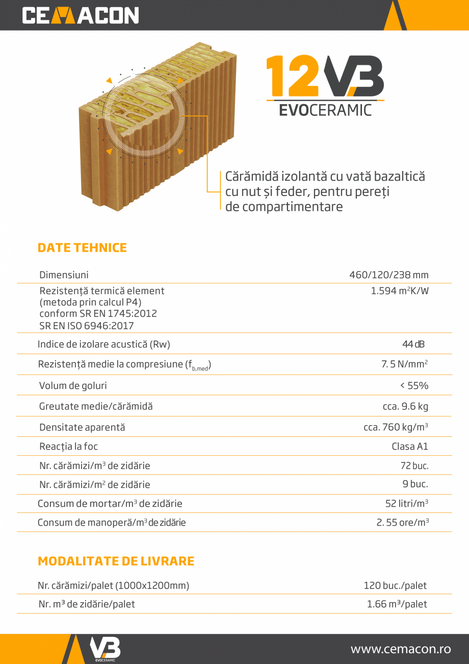 Pagina 1-Caramida izolanta cu vata bazaltica cu nut si feder, pentru pereti de compartimentare CEMACON...